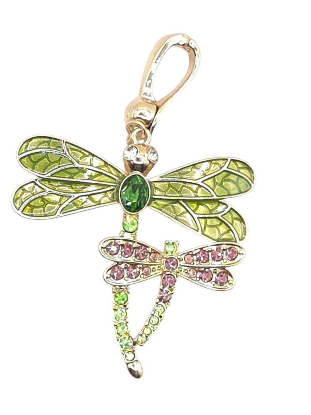 Dragonfly Pendant Charm With Green & Pink Crystals Gold-Tone Finish Lobster Clas - Picture 3 of 11